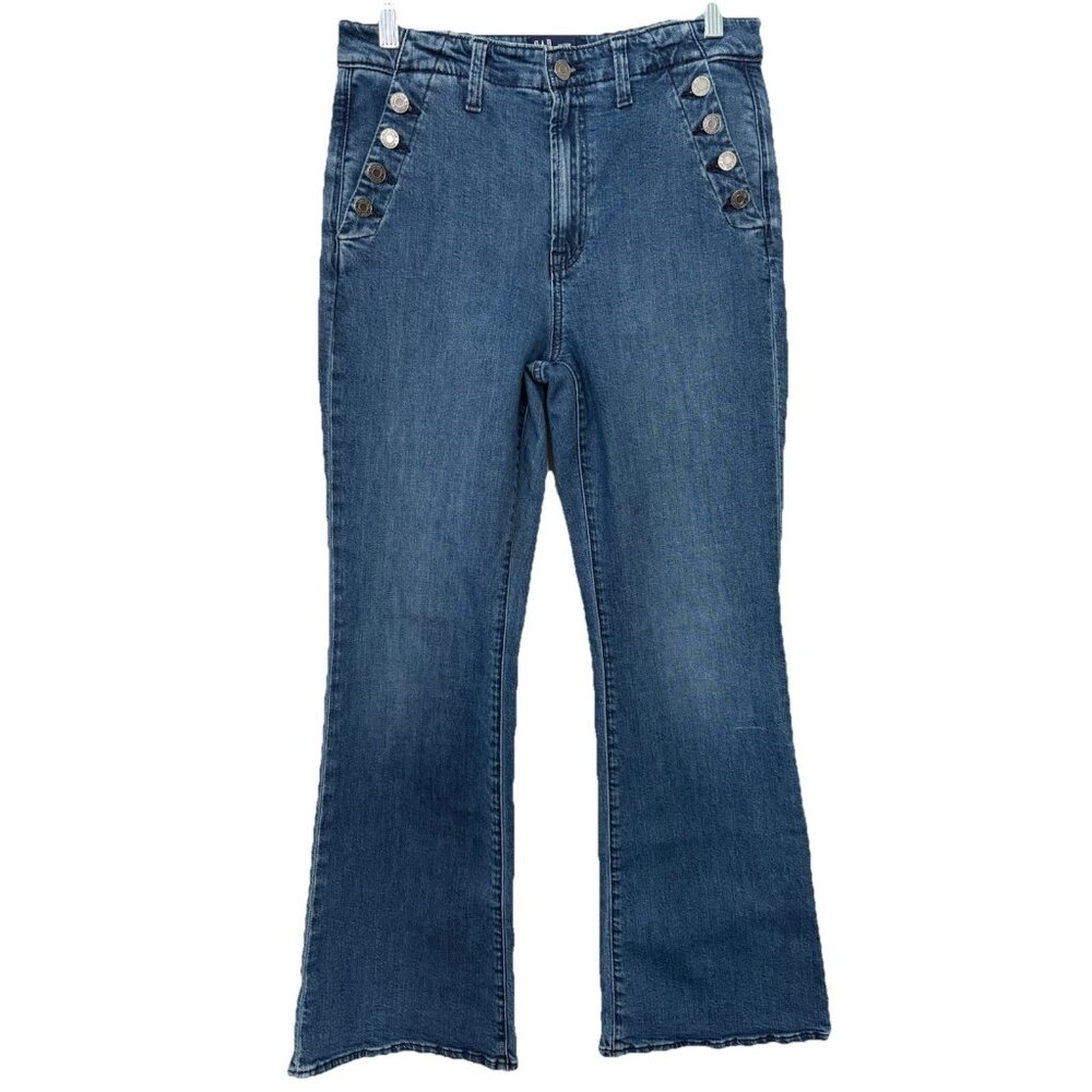 Gap 70's Flare Sailor Button Jeans Women's 10 / 30R Medium Wash Zip Button Fly